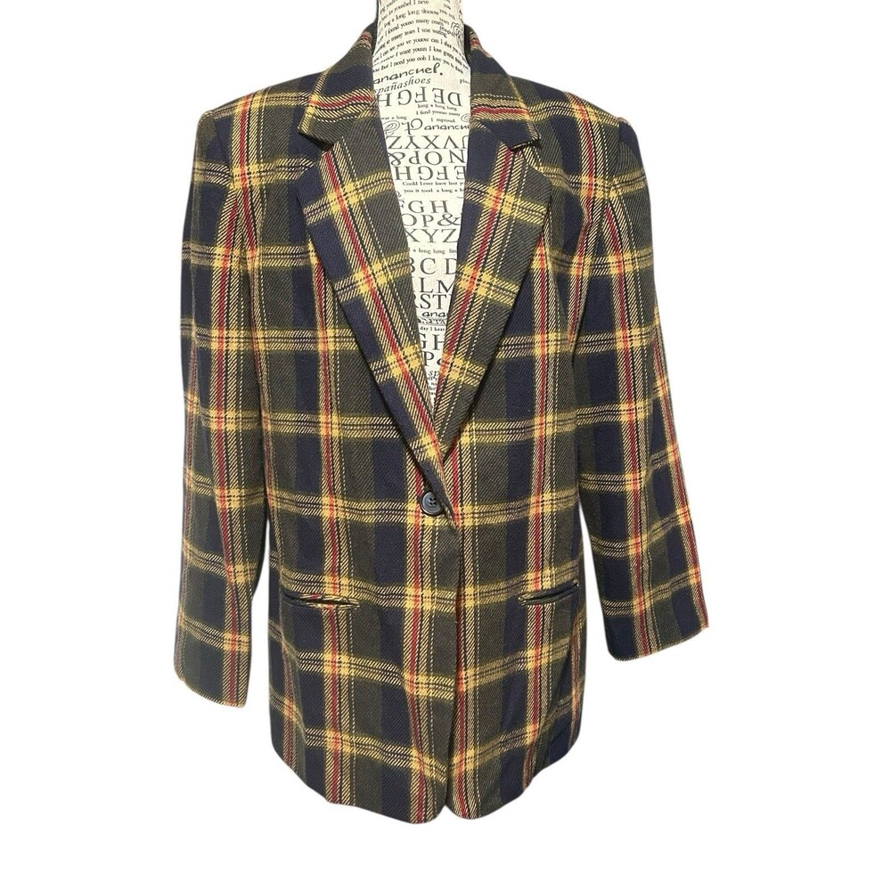 Vintage Sag Harbor Womens Large Plaid Wool Blend Blazer Sz 14 Shoulder Pads